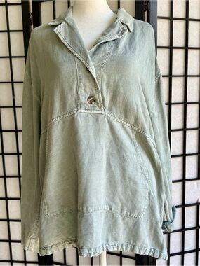 Nicole Miller Tunic Top Sz Med Sage Green Popover Linen Lyocell Kangaroo Pocket
